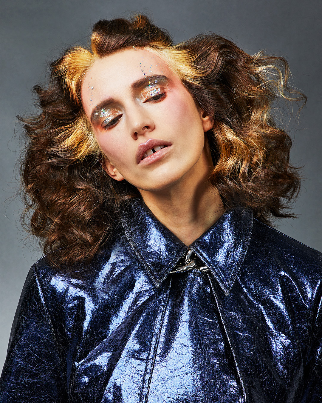 Brunette Curly Hair with Bright Blonde Root Stretch - Lloyd Court - Raw Collection